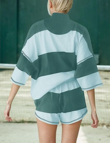Striped 2 Piece Sweat Sets For Women Half Zip Short Sleeve T Shirts Shorts Sets Summer Lounge Sets Loose Workout Sets in Kuwait