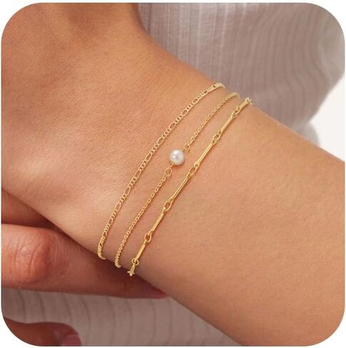 Gold Bracelets for Women,Dainty Gold Cross Bracelet 14K Gold Plated Beaded Bracelets for Women Trendy Bracelet Stack Pearl Bracelet Set Waterproof Chain Bracelet Gold Jewelry for Women Baptism Gifts in Saudi Arabia