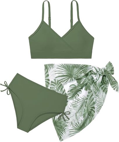 Teen Girls Swimsuit 3 Piece V-Neck Color Block Floral Print Bikini Set with Cover Up Skirt Swimwear Bathing Suits 9-16Y in Kuwait