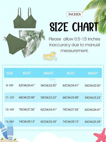 Teen Girls Swimsuit 3 Piece V-Neck Color Block Floral Print Bikini Set with Cover Up Skirt Swimwear Bathing Suits 9-16Y in Kuwait