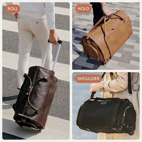 Wool & Oak - NOVA Large Duffle Bag with Wheels - Carry On Garment Duffle Bags for Overnight, Hospital - Travel Bags with Shoe Compartment & Tech Pocket - Gifts for Dad (Leather, Chocolate) in Kuwait