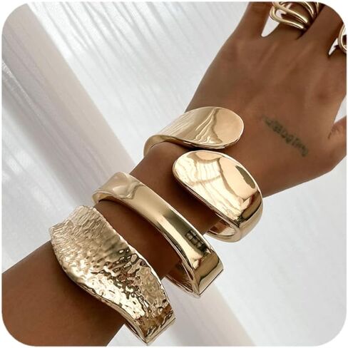 Boho Gold Cuff Bangle Bracelet Set for Women - Chunky Waterdrop Irregular Wide Stackable Minimalist Jewelry in Saudi Arabia