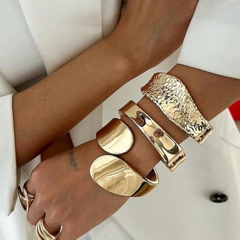 Boho Gold Cuff Bangle Bracelet Set for Women - Chunky Waterdrop Irregular Wide Stackable Minimalist Jewelry in Saudi Arabia