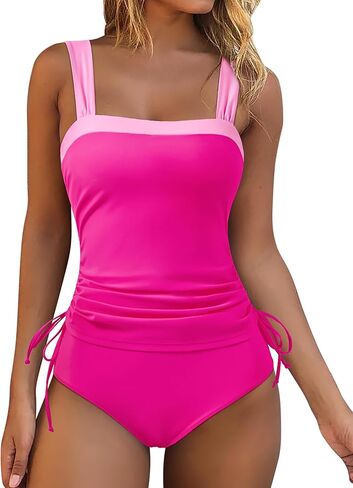 RXRXCOCO Women Tankini Bathing Suits Tummy Control Ruched Swimsuits Colorblock Drawstring Swimwear in Kuwait