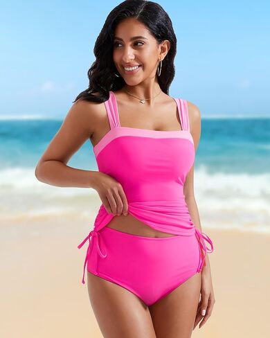 RXRXCOCO Women Tankini Bathing Suits Tummy Control Ruched Swimsuits Colorblock Drawstring Swimwear in Kuwait