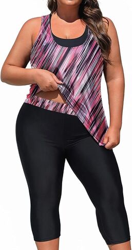 Yonique 3 قطعة بالإضافة إلى الحجم للسباحة للنساء Tankini قمم مع حمالة الصدر الرياضية و Swim Capris Athletic Bashing Suits in Saudi Arabia