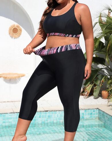 Yonique 3 قطعة بالإضافة إلى الحجم للسباحة للنساء Tankini قمم مع حمالة الصدر الرياضية و Swim Capris Athletic Bashing Suits in Saudi Arabia