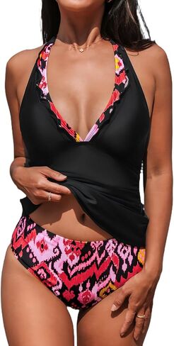 CUPSHE Women's Tankini Sets Halter V Neck Two Piece Bathing Suits Adjustable Straps Mid Rise Swimwear in Kuwait