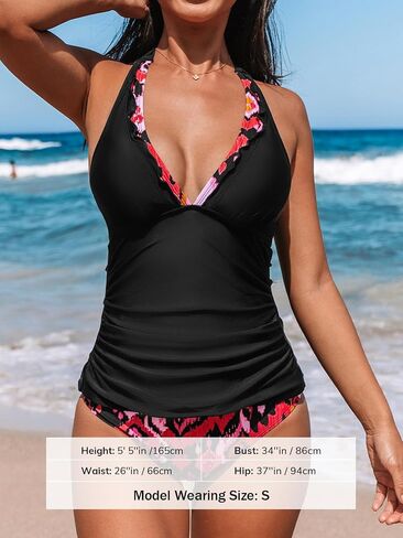 CUPSHE Women's Tankini Sets Halter V Neck Two Piece Bathing Suits Adjustable Straps Mid Rise Swimwear in Kuwait