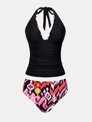 CUPSHE Women's Tankini Sets Halter V Neck Two Piece Bathing Suits Adjustable Straps Mid Rise Swimwear in Kuwait