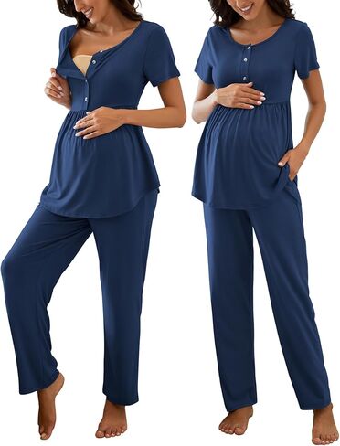 Women's Maternity Nursing Pajama Set Breastfeeding Loungewear Mama Clothes Short Sleeve Top & Pants Pregnancy PJS in Kuwait