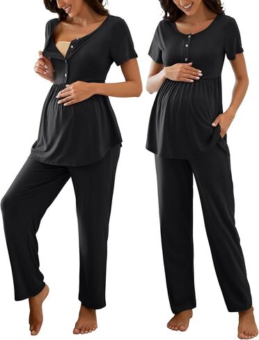 Women's Maternity Nursing Pajama Set Breastfeeding Loungewear Mama Clothes Short Sleeve Top & Pants Pregnancy PJS in Saudi Arabia