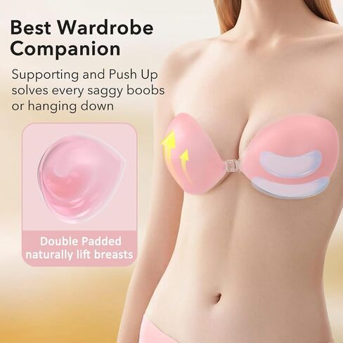 Strapless Padded Bra, Truly Invisible Sticky Push Up Backless Bra, Totally Seamless Adhesive Front Buckle Gather Bras in Saudi Arabia