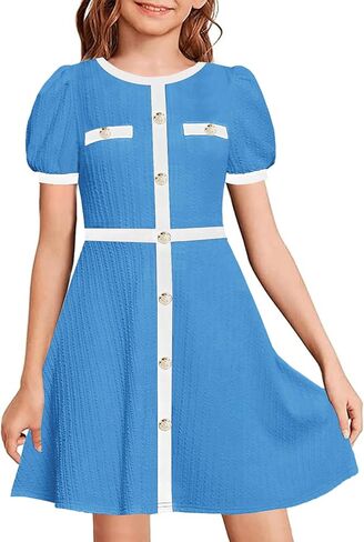 YOVION Girls Summer Dress Puff Sleeve Crewneck Button Color Block Casual Party Dresses with Pockets for 6-12 Y in Kuwait