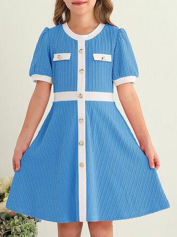 YOVION Girls Summer Dress Puff Sleeve Crewneck Button Color Block Casual Party Dresses with Pockets for 6-12 Y in Kuwait