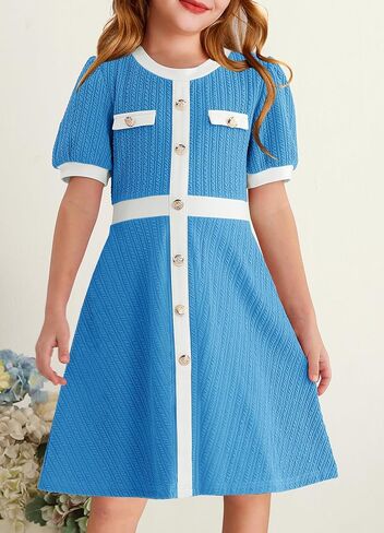 YOVION Girls Summer Dress Puff Sleeve Crewneck Button Color Block Casual Party Dresses with Pockets for 6-12 Y in Kuwait