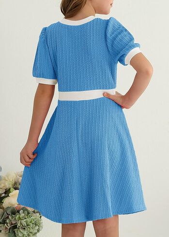 YOVION Girls Summer Dress Puff Sleeve Crewneck Button Color Block Casual Party Dresses with Pockets for 6-12 Y in Kuwait