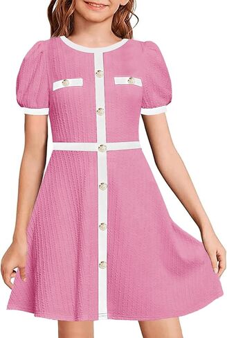 YOVION Girls Summer Dress Puff Sleeve Crewneck Button Color Block Casual Party Dresses with Pockets for 6-12 Y in Kuwait