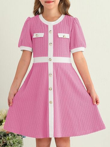 YOVION Girls Summer Dress Puff Sleeve Crewneck Button Color Block Casual Party Dresses with Pockets for 6-12 Y in Kuwait