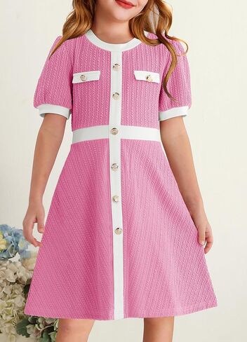 YOVION Girls Summer Dress Puff Sleeve Crewneck Button Color Block Casual Party Dresses with Pockets for 6-12 Y in Kuwait