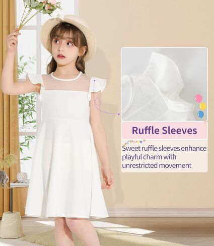 Girls Dress Summer Ruffle Sleeves Crewneck Polka Dot Mesh A Line Casual Party Dresses in Saudi Arabia