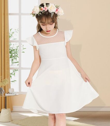 Girls Dress Summer Ruffle Sleeves Crewneck Polka Dot Mesh A Line Casual Party Dresses in Saudi Arabia