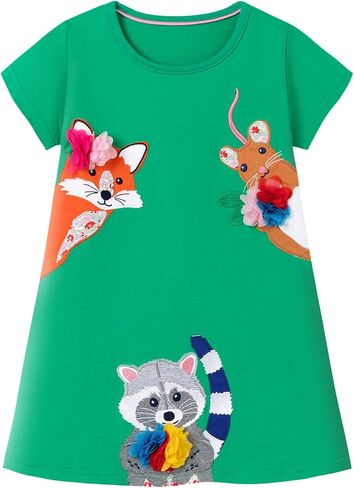 FreeLu Girls' Cotton Short Sleeve Dresses Cute Stripe Cartoon Patterned Casual Sundress in Kuwait