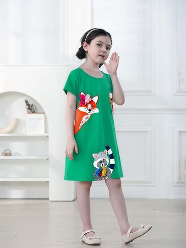 FreeLu Girls' Cotton Short Sleeve Dresses Cute Stripe Cartoon Patterned Casual Sundress in Kuwait
