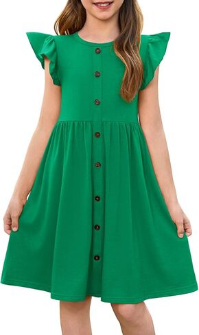 فتيات هالومونينغ لباس أطفال رفرفة الأكمام A-Line زر أسفل Sundress Dressed Midi Dresses 5-14 سنوات in Kuwait