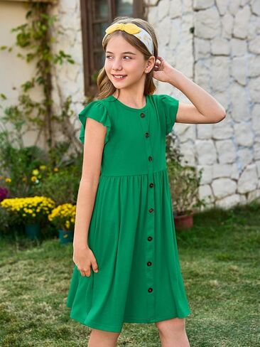 فتيات هالومونينغ لباس أطفال رفرفة الأكمام A-Line زر أسفل Sundress Dressed Midi Dresses 5-14 سنوات in Kuwait