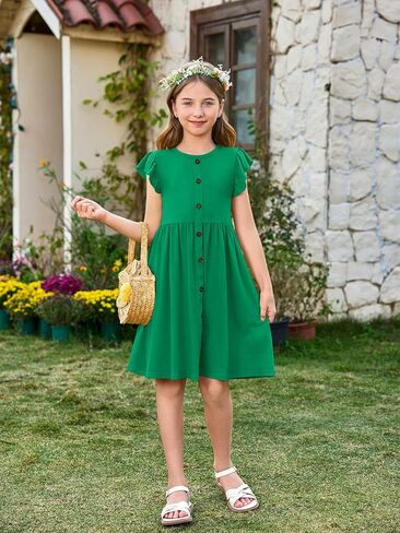 فتيات هالومونينغ لباس أطفال رفرفة الأكمام A-Line زر أسفل Sundress Dressed Midi Dresses 5-14 سنوات in Kuwait