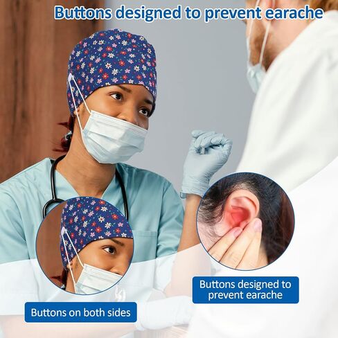 2pcs قبعات ممرضة لفرك النساء ، قبعات الغش من النساء العاملات مع الأزرار وعصابات العرق ، غطاء ممرضة مع مطبوعات لطيفة للنساء الرجال متعدد الألوان in Kuwait