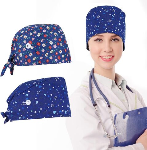 2pcs قبعات ممرضة لفرك النساء ، قبعات الغش من النساء العاملات مع الأزرار وعصابات العرق ، غطاء ممرضة مع مطبوعات لطيفة للنساء الرجال متعدد الألوان in Kuwait