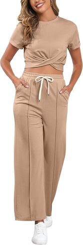 Two Piece Sets for Women Summer Outfits Lounge Sets Twist Front Crop Tops Wide Leg Pants Vacation Travel Clothes in Saudi Arabia