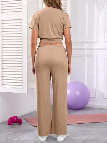 Two Piece Sets for Women Summer Outfits Lounge Sets Twist Front Crop Tops Wide Leg Pants Vacation Travel Clothes in Saudi Arabia