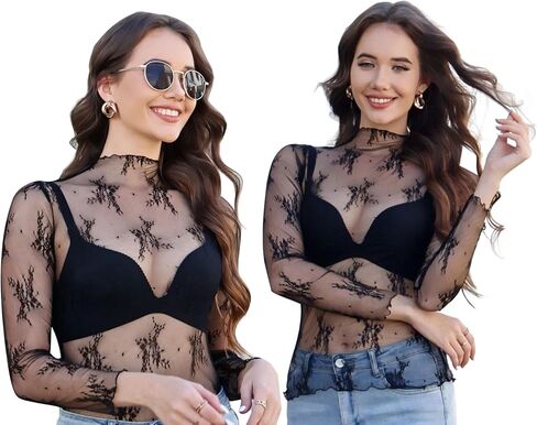 Ellames Women's 2 Pieces Mesh Long Sleeve Tops Sexy See Through Shirts Floral Lace Tops Sheer Blouse in Saudi Arabia