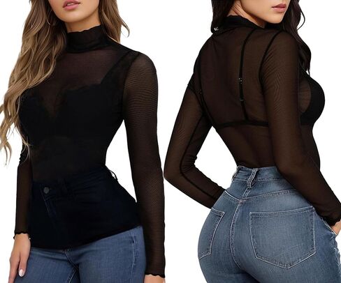 Ellames Women's 2 Pieces Mesh Long Sleeve Tops Sexy See Through Shirts Floral Lace Tops Sheer Blouse in Saudi Arabia