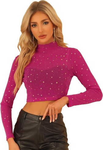 Allegra K Women's Mesh Crop Top Stars Mock Neck Halloween Party See Through Blouse in Kuwait