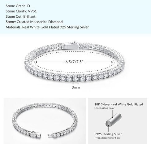 LANE WOODS Simulated Diamond Moissanite Tennis Bracelets: 18K White Gold Plated 925 Sterling Silver Chain Bracelet for Women Men Jewelry in Saudi Arabia