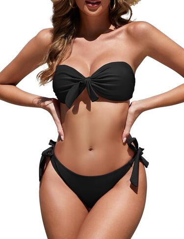 Zonsaoja Women Strapless Bandeau Bikini Set Knot Two Piece Swimsuit Side Tie Cheeky Bathing Suits in Kuwait