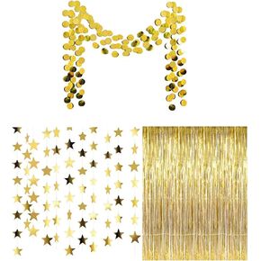 3.2 قدم × 9.8 قدم الستائر المعدنية المعدنية الرقصية*2pcs و 6pcs بريق الذهب الورق ديكورات الشريط والزخارف النجمة اللامعة*10pcs ديكورات الحزب الصورة خلفية الزفاف مجموعة الزفاف (الذهب)