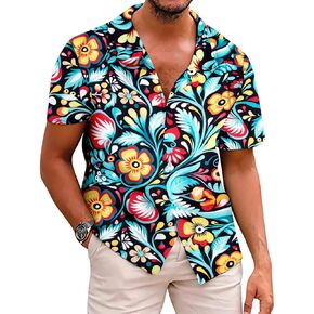 Men's Hawaiian Floral Shirt Cool V Neck Button Down Shirts Tropical Holiday Beach Shirts Casual Short Sleeve Mens Shirt