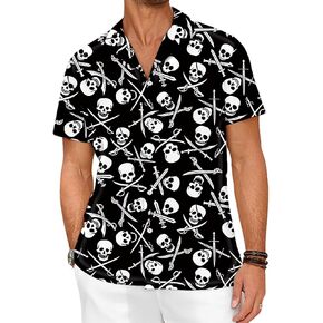Pirate Shirt for Men Skull Hawaiian Button Up Shirts Short Sleeve