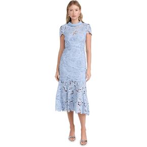 Women's Blue Flower Lace Contrast Collar Midi Dress