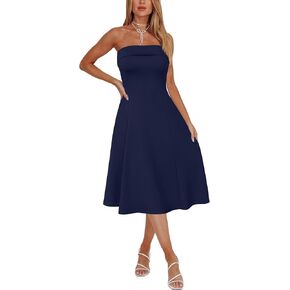 Newshows Womens 2025 Summer Cocktail Dress Stretch Wrinkle-Free Elegant Strapless Tube Formal Evening Party Skater Midi Dress
