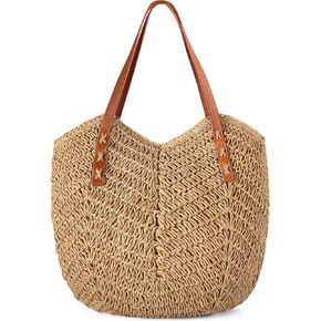 Beach Bags for Women - Straw Bag with Zipper, Soft Woven beach bag, Casual Straw Shoulder Bag for Daily Use