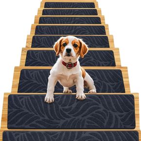 Madrigal Stair Treads Non-Slip Carpet Mat 15pcs - 30x8x0.25in Maple Leaf Pattern Pads with Self-Adhesive Backing,Stair Treads for Wooden Steps 100% Polyester TPE Backing (Black)