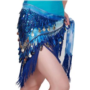 MUNAFIE Belly Dance Hip Scarf with Tassels Sequins, Triangle Coins Wrap Skirt Music Festival Clothing Skirt