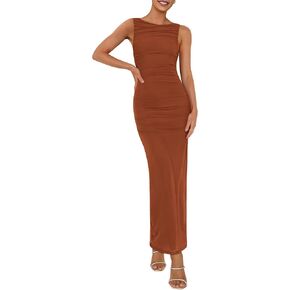 BTFBM Formal Wedding Guest Dresses for Women Summer 2025 Sleeveless Ruched Bodycon Mesh Elegant Maxi Cocktail Dress