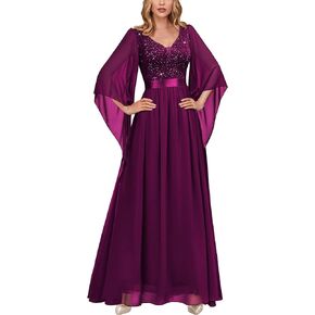 Miusol Women's Deep-V Neck Lace Contrast Sequin 3/4 Sleeve Formal Evening Maxi Dress